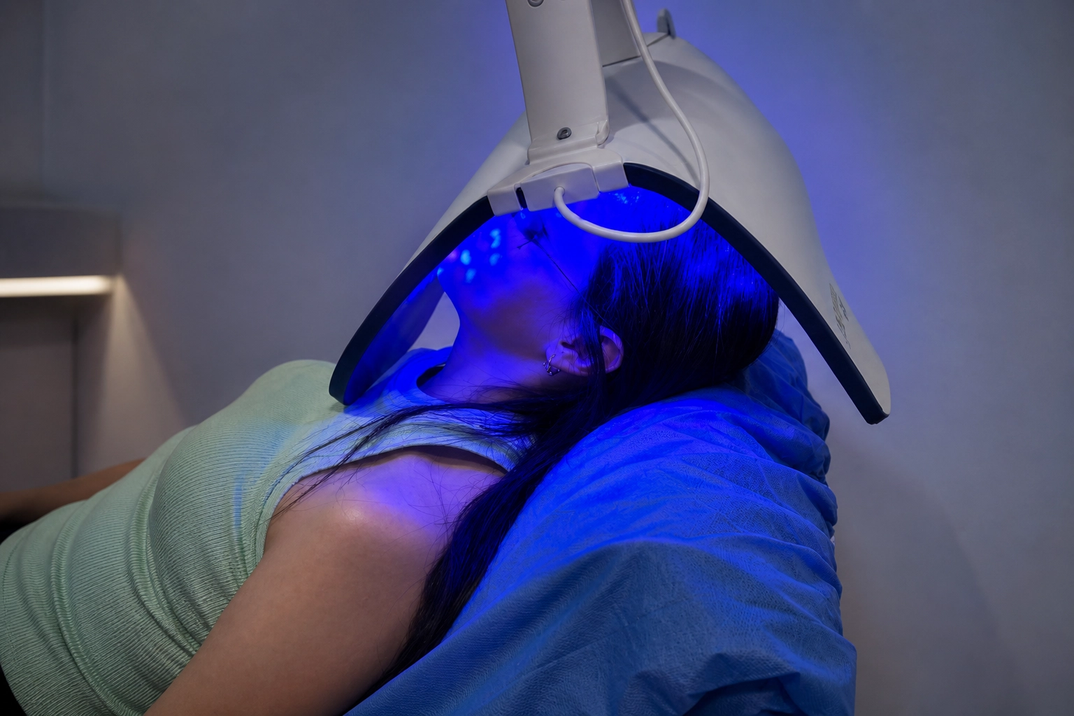 Paciente recibiendo terapia con luz LED Celluma ELITE en consulta dermatológica